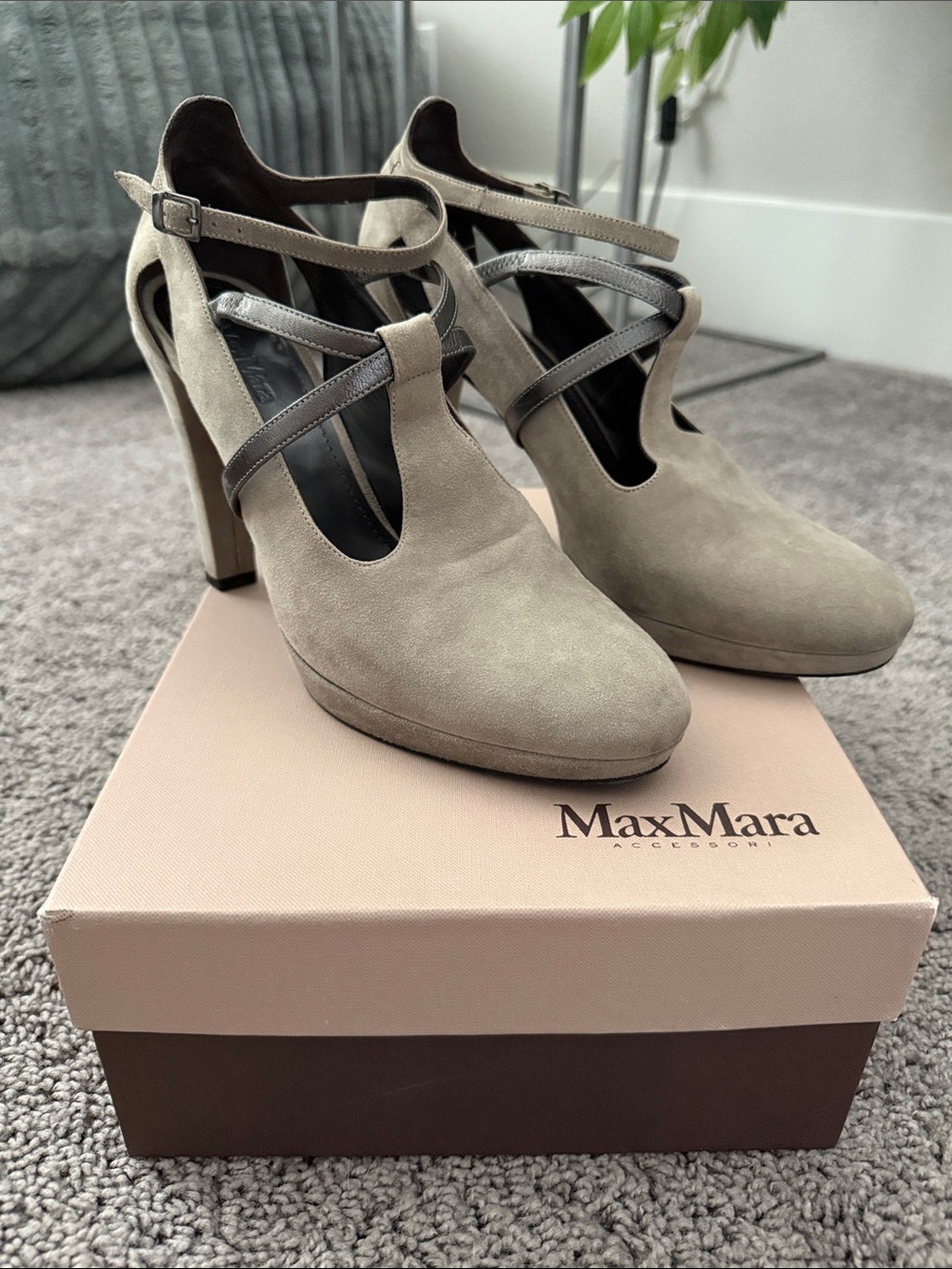 MaxMara Taupe Suede T-Strap Block Heels